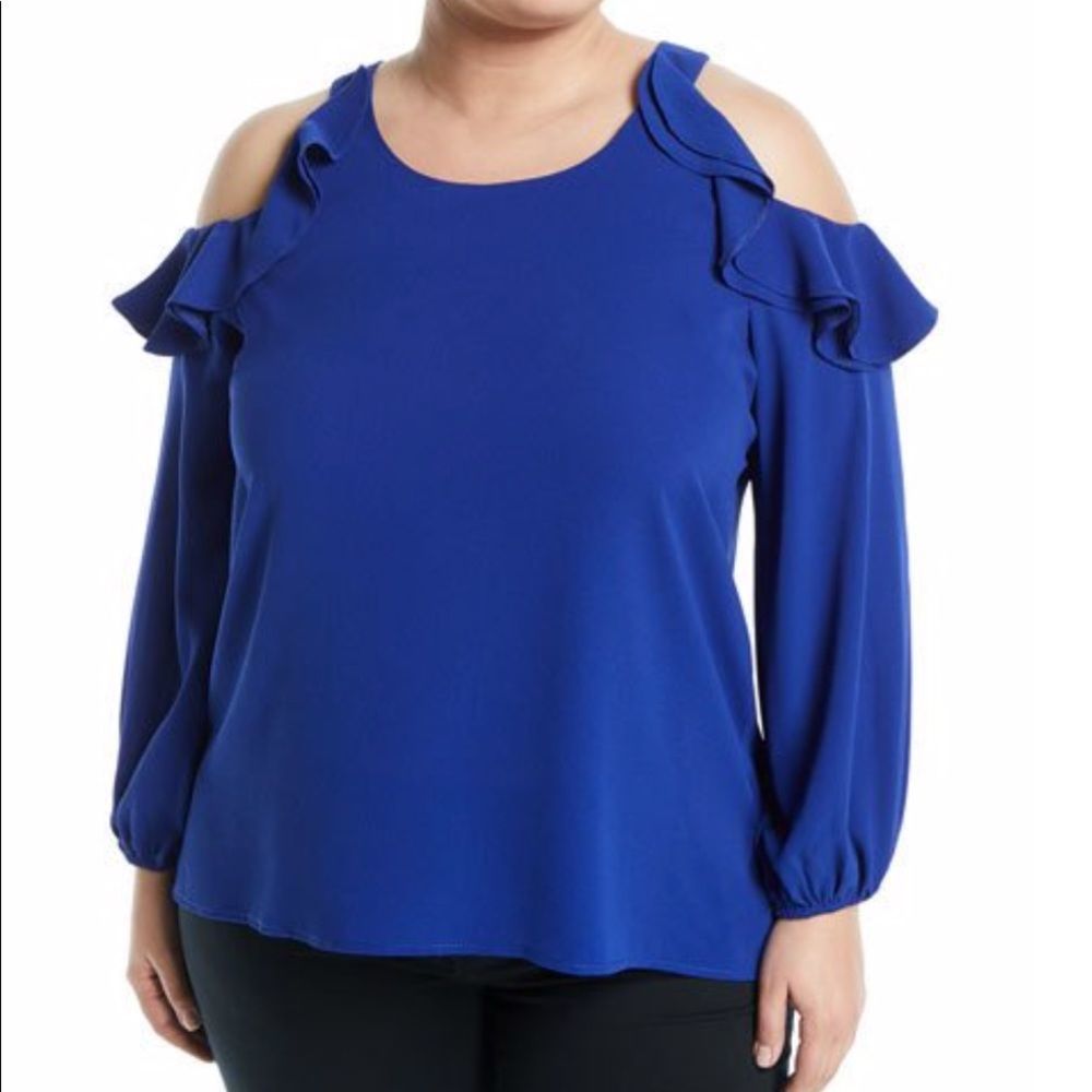 KERRICK Women's Plus Size Blouse Cold Shoulder Ruffle Trim Cobalt Blue XL